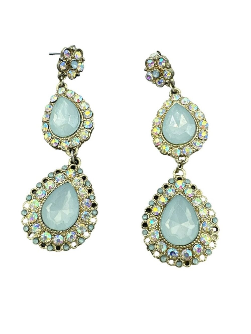Earrings Faux Opal Dangle Drop Dusty Rhinestone Teardrop Bling Elegant